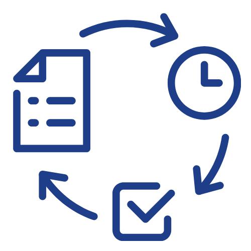 Icono que representa mediante un reloj, un formulario e icono de verificación, la gestión de trámites de compra venta y reforma de forma pasiva para los inversores