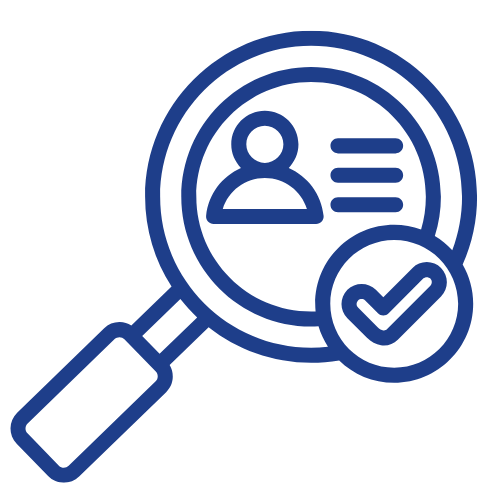 Icono que representa mediante una lupa, silueta de persona e icono de verificación, la búsqueda y selección de inquilinos para la gestión del alquiler de forma pasiva para los inversores