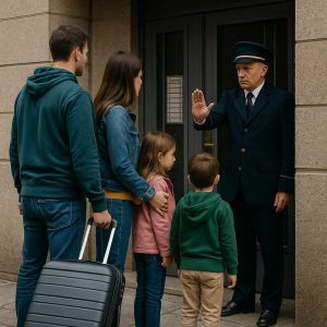 Portero prohibiendo el acceso a una familia a su edificio de viviendas