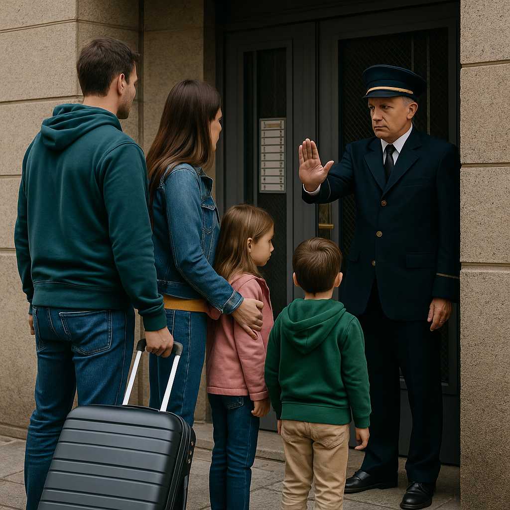 Portero prohibiendo el acceso a una familia a su edificio de viviendas