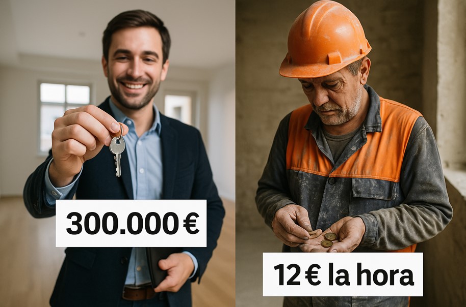 Un agente inmobiliario entregando las llaves de un piso caro contra un pobre albañil sucio y contando monedas