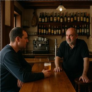 Bar rural con un solocliente hablando con el camarero