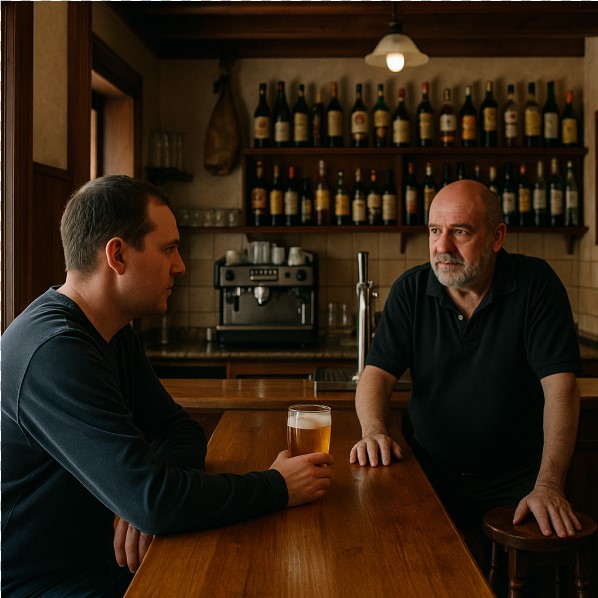 Bar rural con un solocliente hablando con el camarero