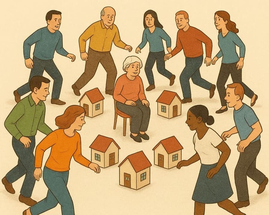 Un dibujo donde personas giran alrededor de unas casas, emulando al juego de las sillitas. el significado es que faltan casas para todos