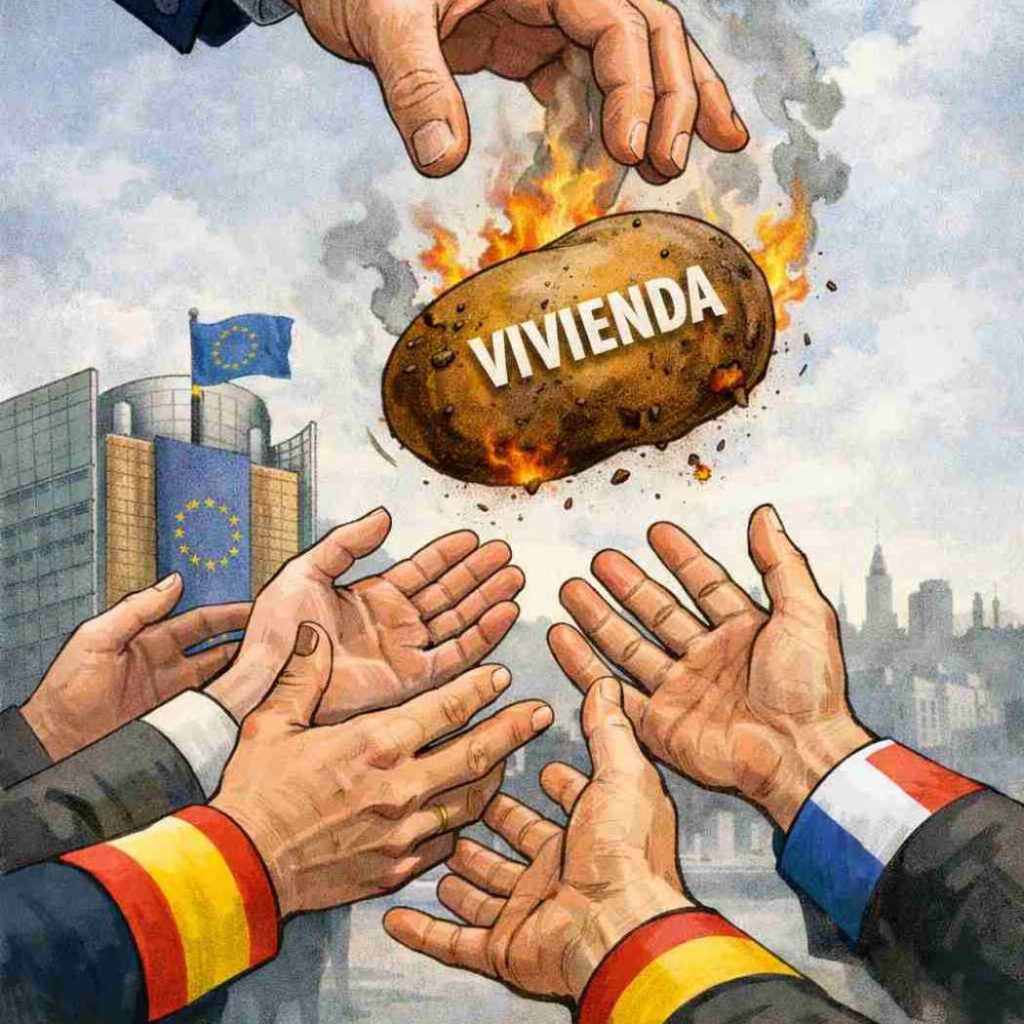 La Comisión Europea pasa la responsabilidad de la crisis de la vivienda a los Estados miembros, simbolizada como una patata caliente en llamas