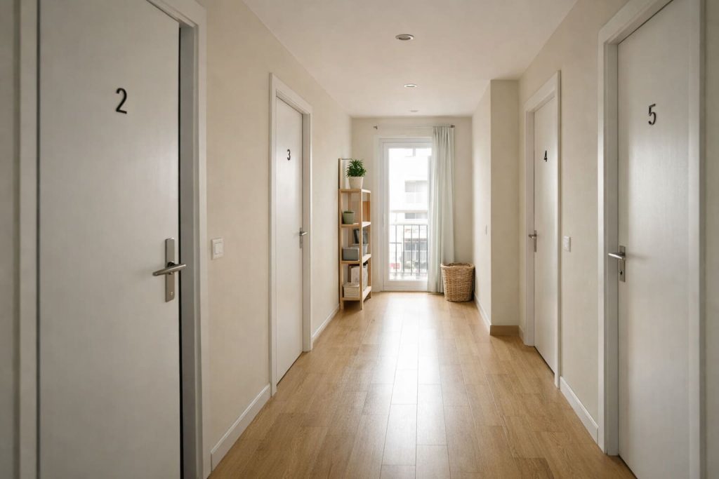 Pasillo de piso con puertas numeradas para alquiler por habitaciones.