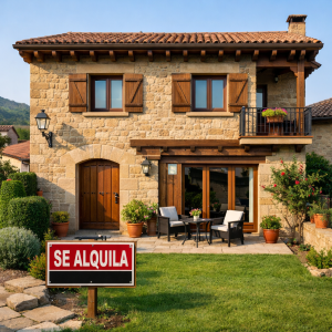 Bonita casa rural con un cartel de alquiler