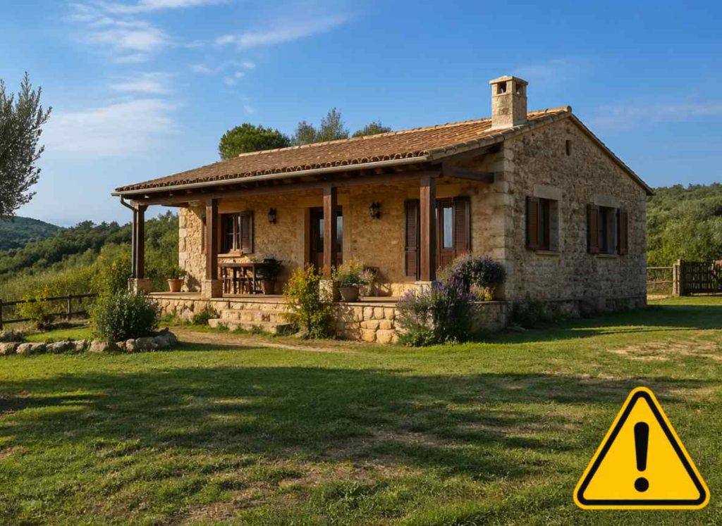 Casa rústica con cartel de advertencia
