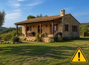 Casa rústica con cartel de advertencia