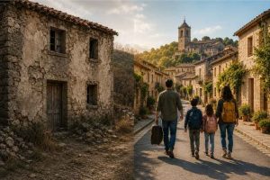 Una imagen dividida en 2, a la izquierda una casa abandonada y a la derecha otra restaurada y con una familia