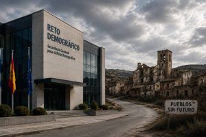 Edificio moderno de oficinas de organismo contra la despoblación con pueblo abandonado de fondo
