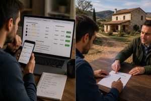 Se ve al mismo hombre en un lado pensando en comprar un producto barato, pensando mucho, comparando precios, modelos, y en el otro aparece el mismo hombre firmando un contrato de arras de una finca rústica con casa sin pensar