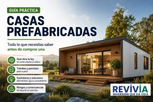 Una casa prefabricada sobre un terreno y con letras resumiendo que incluye la guia para casas prefabricadas