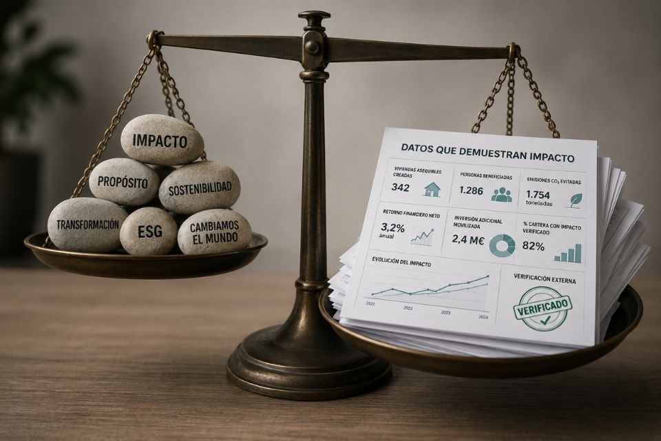 Balanza donde se pesa por un lado palabras sobre inversión de impacto y en el otro que pesa mas documentos con datos