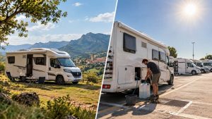 Varias opciones de vivir en autocaravanas uno en el monte y otro en area de servicio