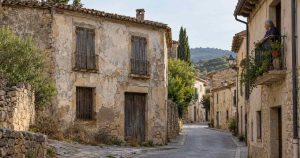 Una calle de pueblo con una señora mirando por el balcón
